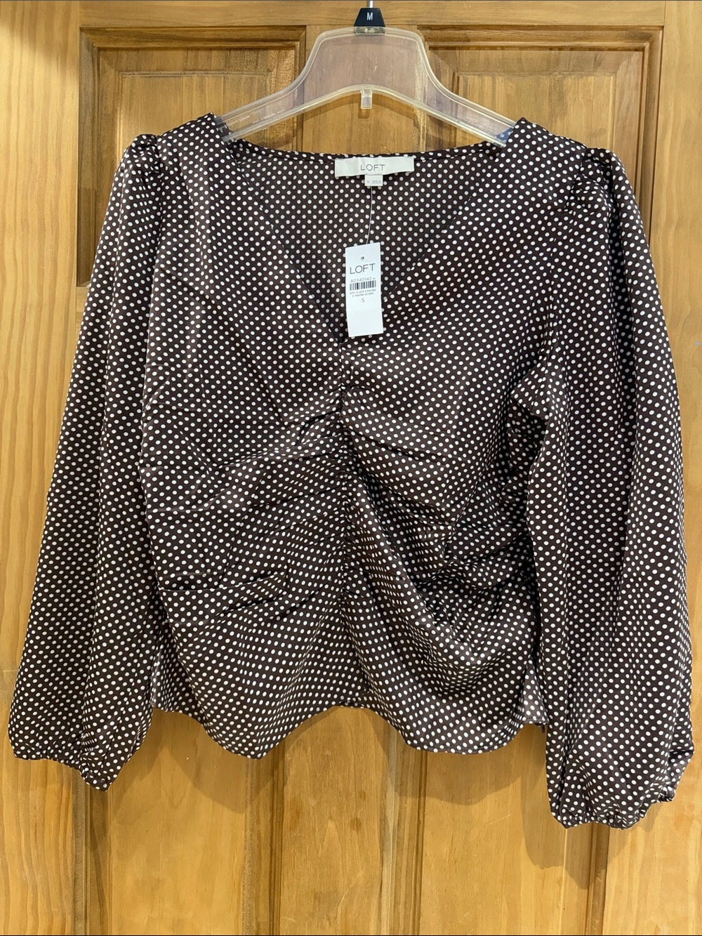 LOFT Brown and White Polka Dot Ruched Front Long Sleeve Blouse